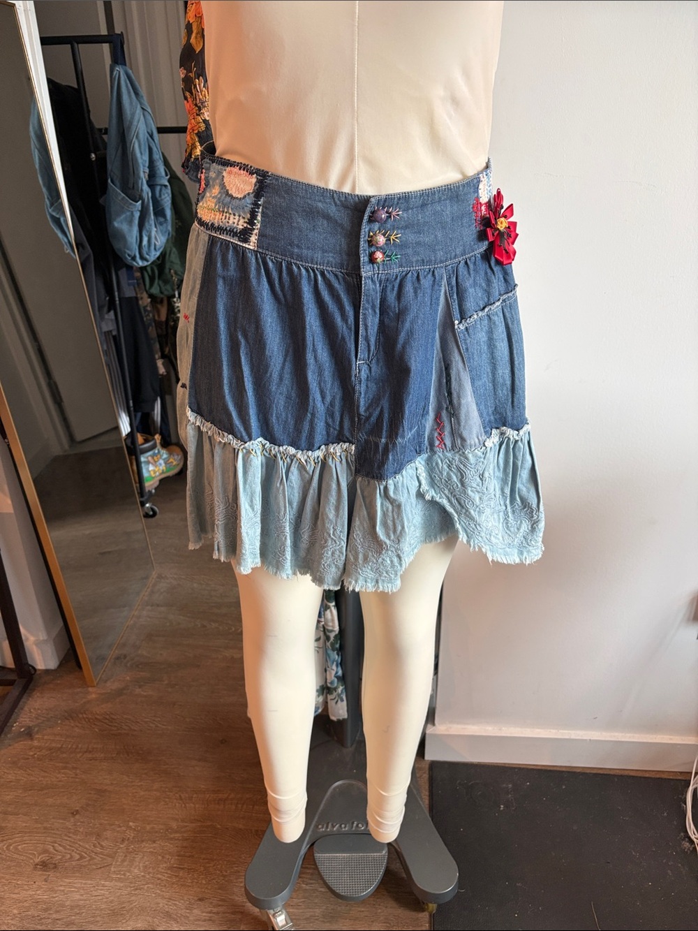Desigual Blue Patchwork Ruffle Mini Skirt with Floral Accent